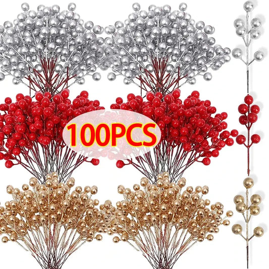 Artificial Berries Red Gold Silver Fake Berries Branch Cherry Stamen Christmas DIY Floral Wreath Ornament New Year Party Decor Little Prince Rose Home Store